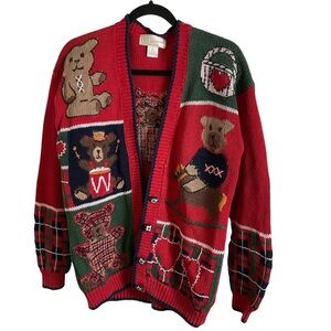 ID Distinction teddy bear and holiday motifs cardigan size small vintage 80’